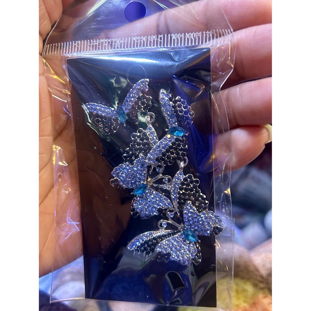 Blue Rhinestone Butterfly Drop Earrings Silver Tone Crystal Statement Jewelry